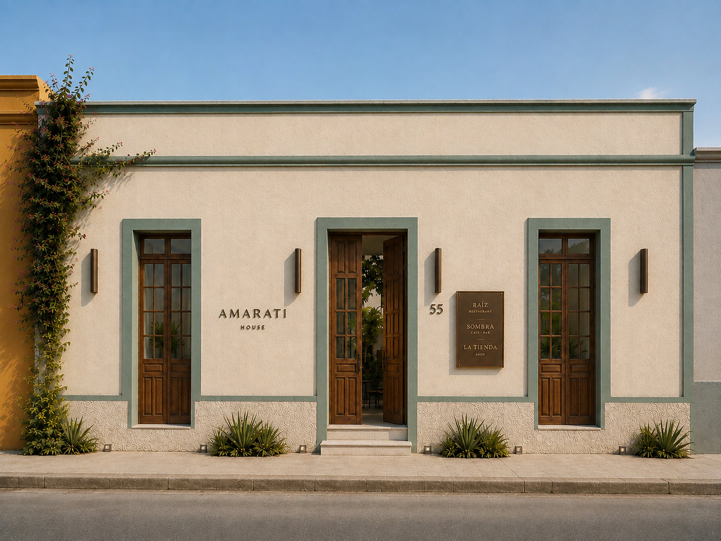 The warm stucco façade of Amarati, with timber doors, green architectural trim and a flowering vine framing the entrance.