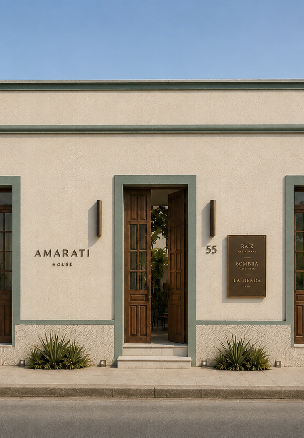 The Amarati façade and open central doorway beneath a clear blue sky.